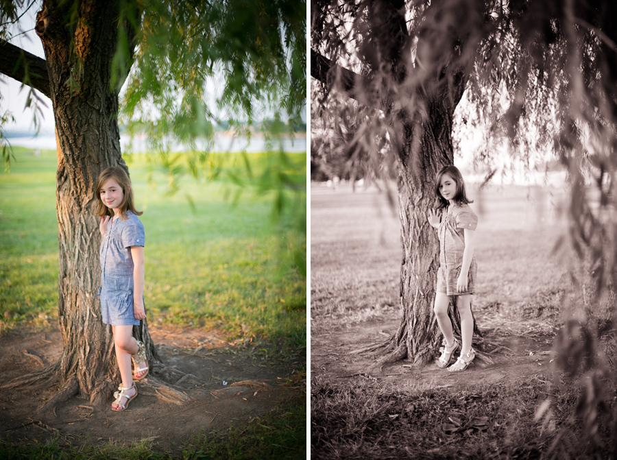 little girl standing by willow tree in frontier park
