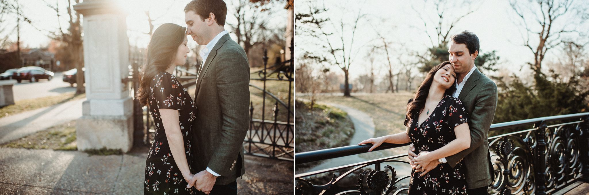 Couple embracing on the bridge in Lafayette Park during their engagement session