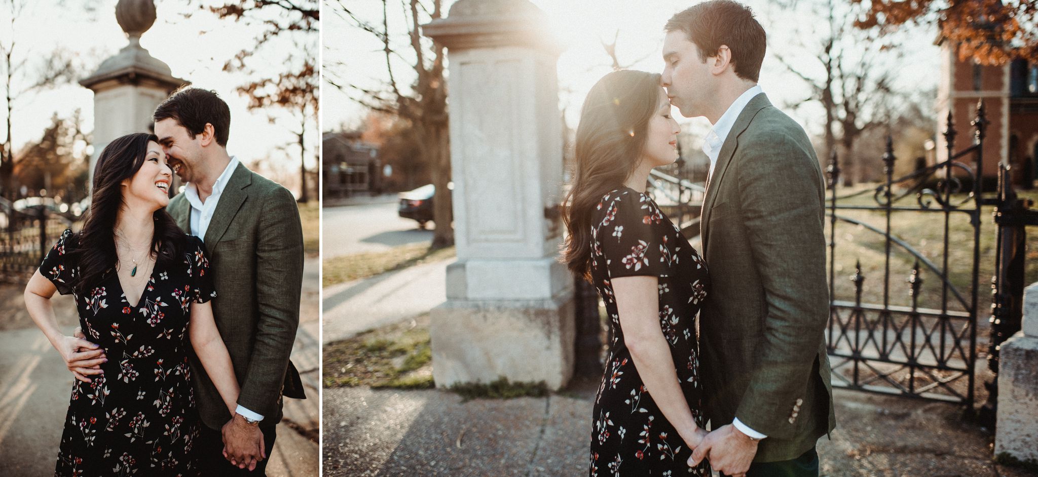 a man kisses the forehead of a woman during their Early Spring Lafayette Park engagement session