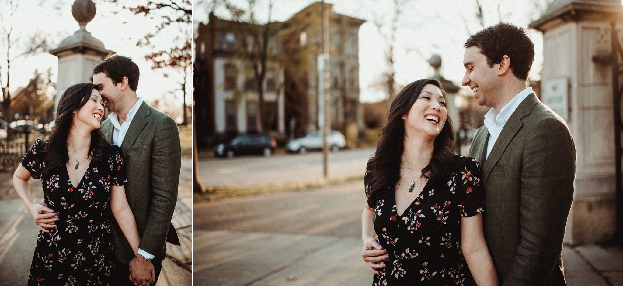 A couple stands at the gates to Lafayette Park during their Early Spring Lafayette Park engagement session