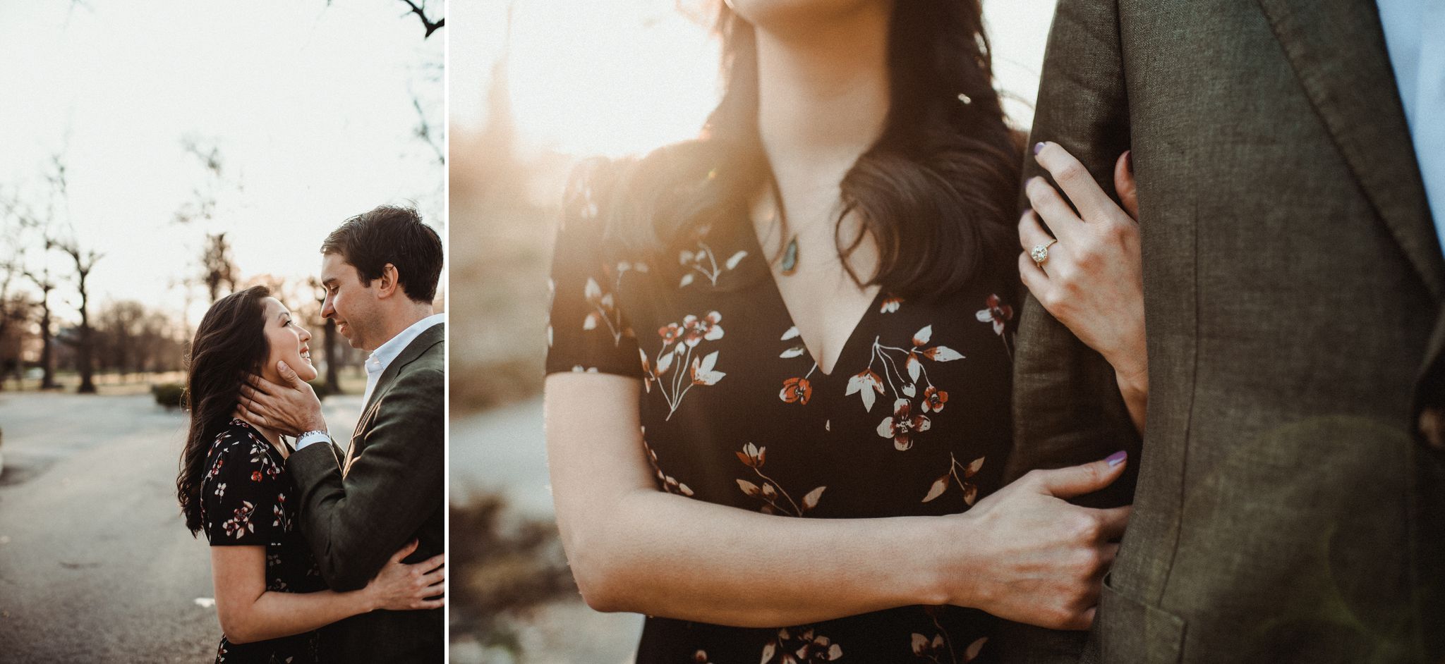 a closeup of a woman's engagement ring during an Early Spring Lafayette Park engagement session