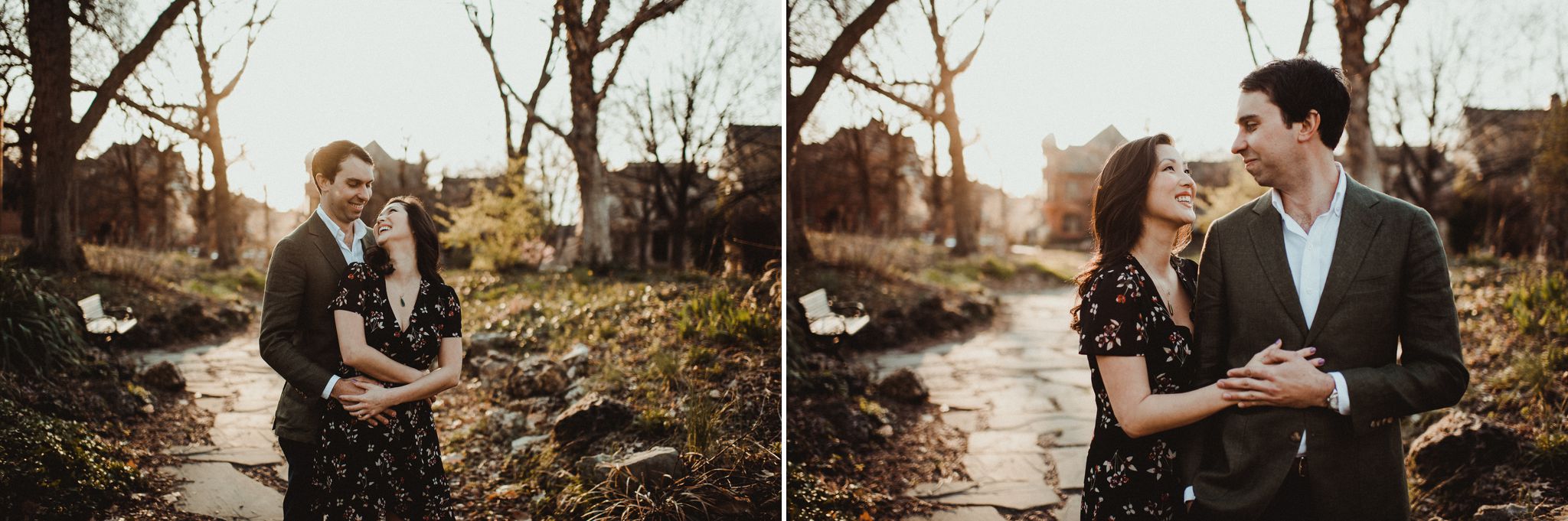 A couple walks together down a stone path during their Early Spring Lafayette Park engagement session