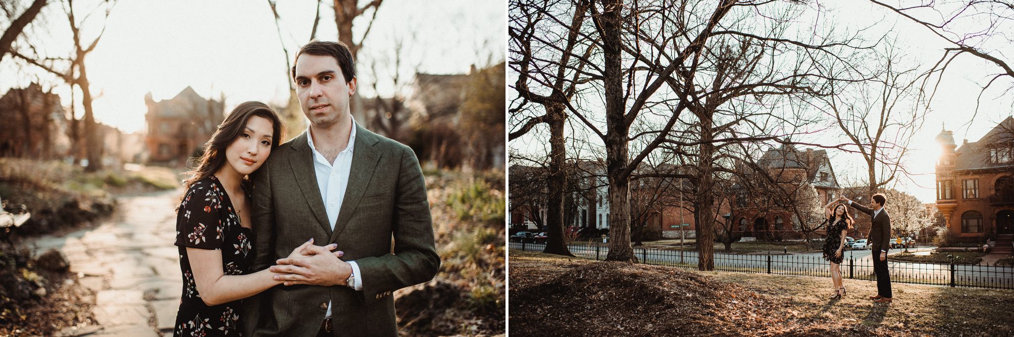 collage of photos of a couple playfully dancing with each other during their early spring Lafayette park engagement session