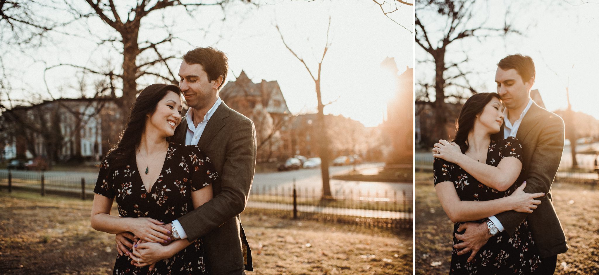 a couple is snuggled together romantically during their Early Spring Lafayette Park engagement session 