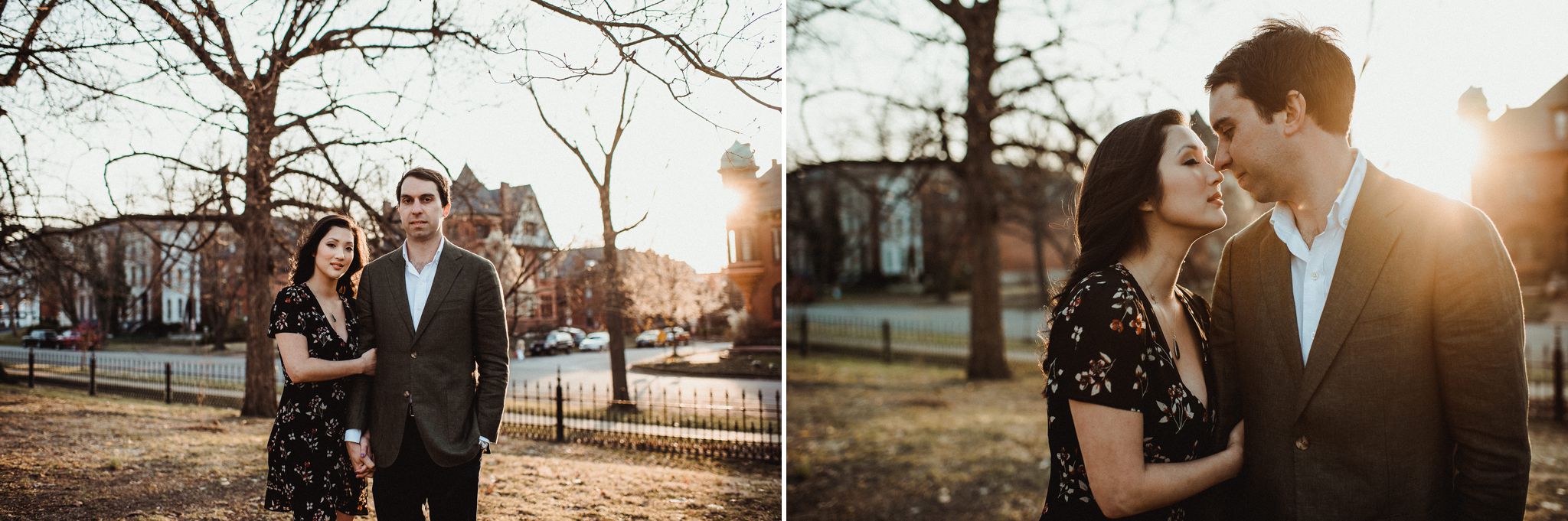 a couple almost kissing during their early spring Lafayette park engagement session