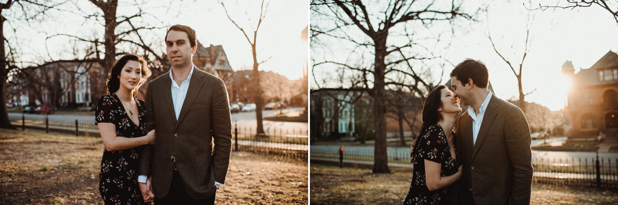 A couple stand and smile for the camera during their Early Spring Lafayette Park engagement session