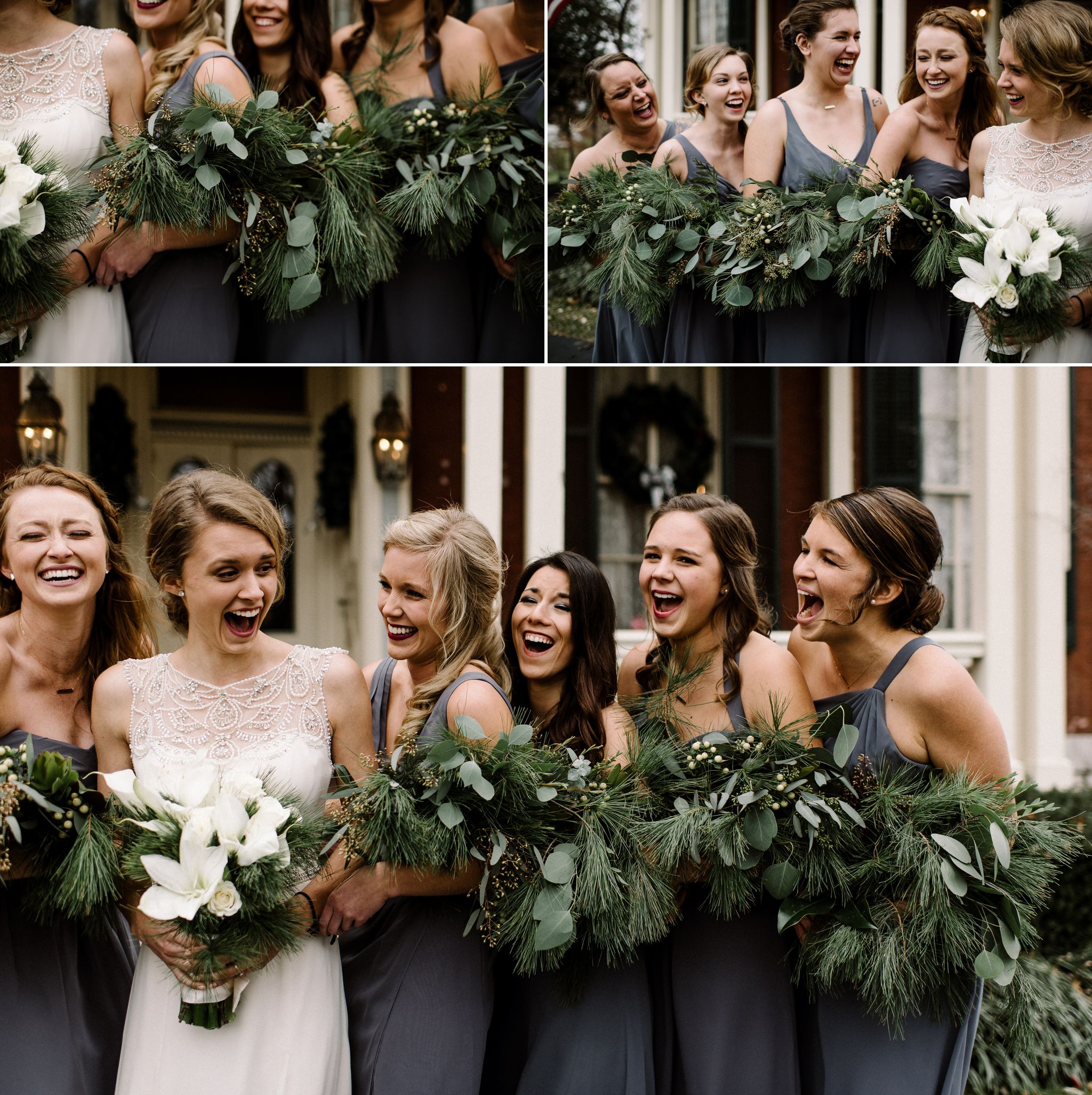 A collage of photos of a bride and bridesmaids in grey dresses with bouquets of greenery in front of the Larimore House 