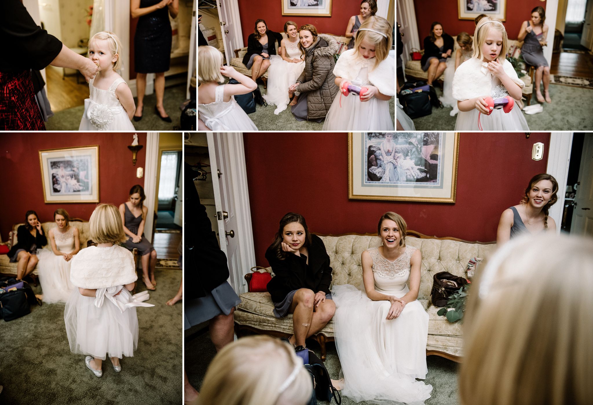 a collage of candid photos of a bride with her friends and the flower girl hanging out before the wedding ceremony begins. 