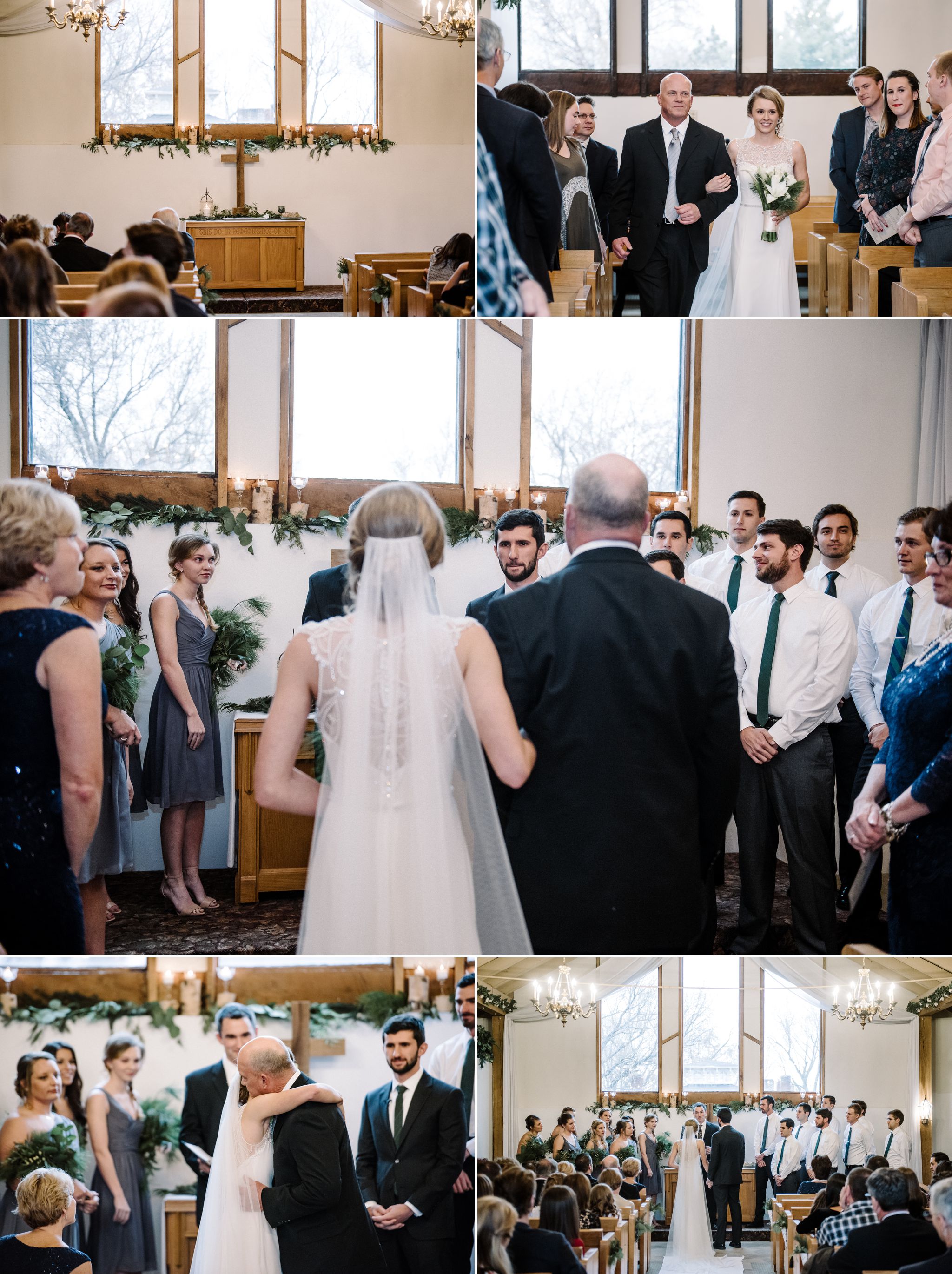 A bride walks down the aisle with her dad during her wedding ceremony in the upstairs chapel at the Larimore House 