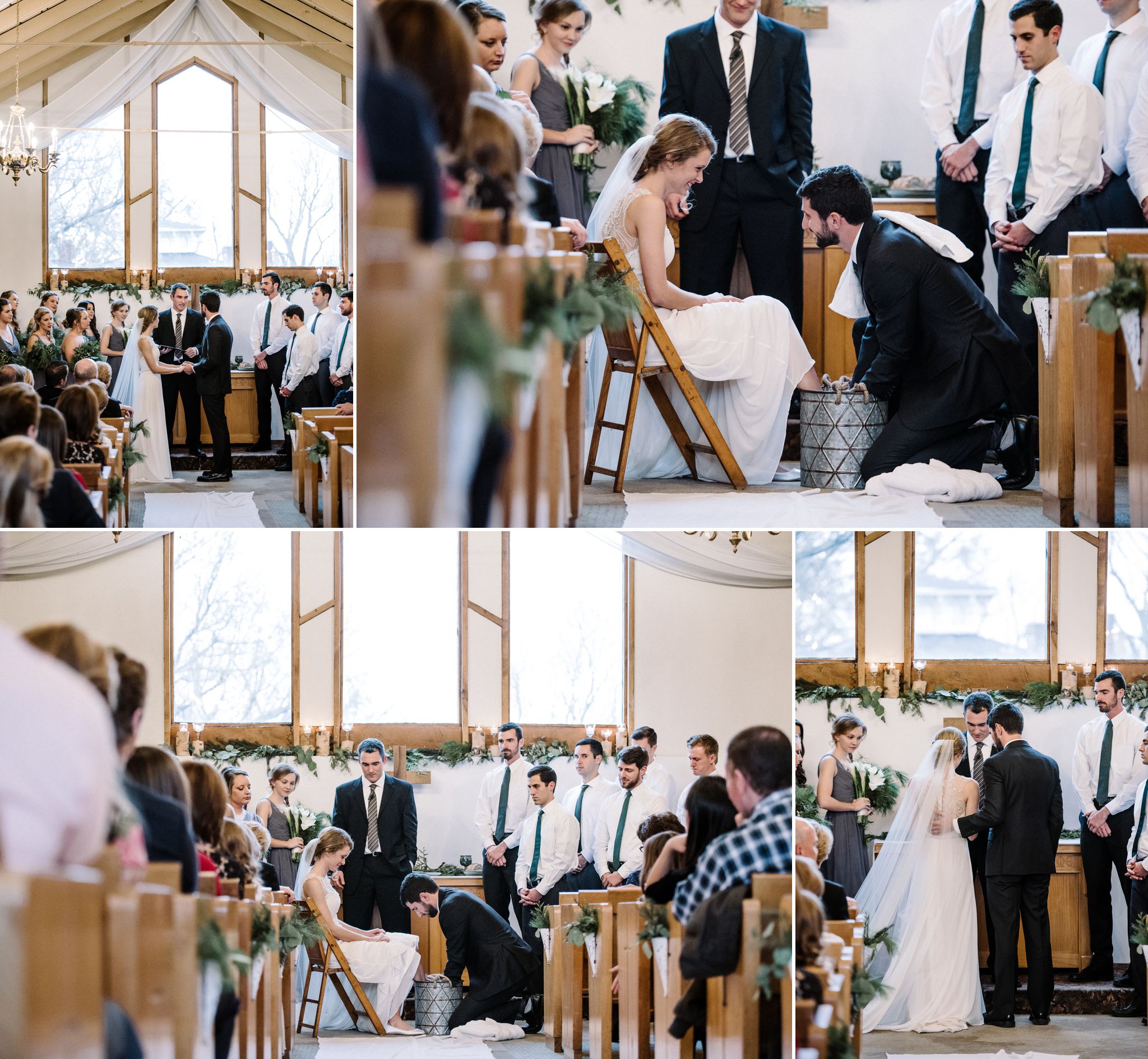 A collage of photos of a foot washing ceremony during a wedding in the upstairs chapel at the Larimore House 