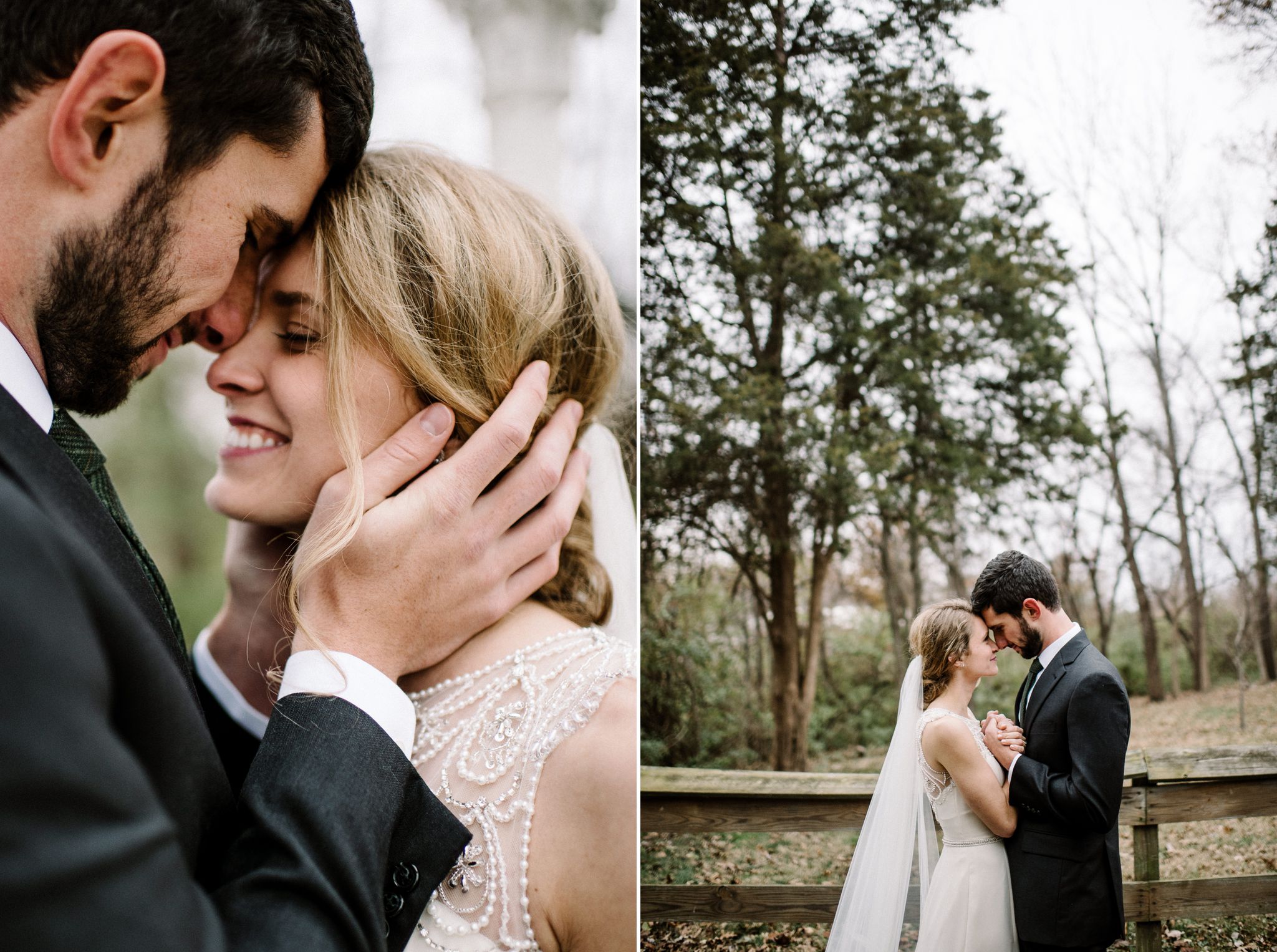 A closeup of a groom with his hands on the bride's cheeks. The bride is smiling at the groom.