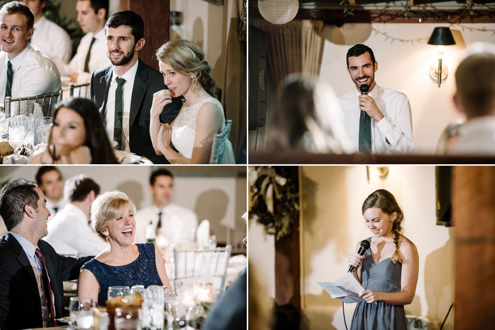 A bride gets teary eyed during a toast at her reception