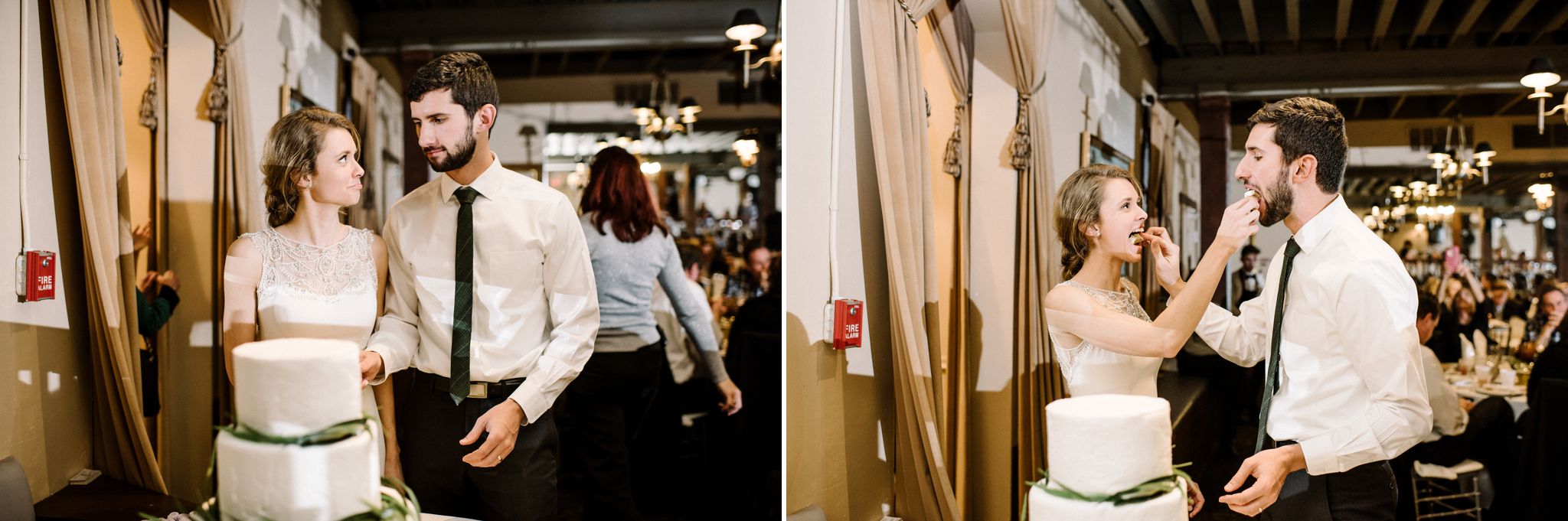 the bride and groom cut their cake