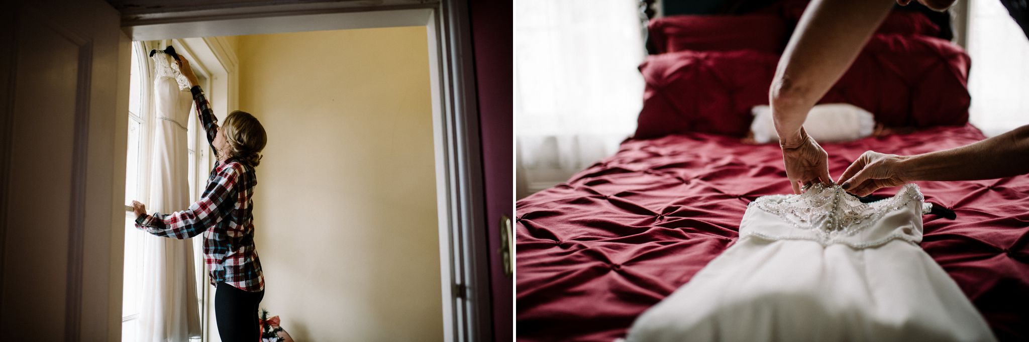 The bride stands on a chair and pulls her dress down from a window at the Larimore House 