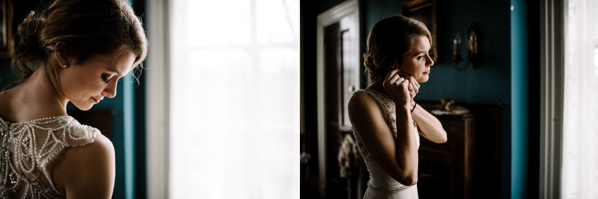 A bride puts her earrings on