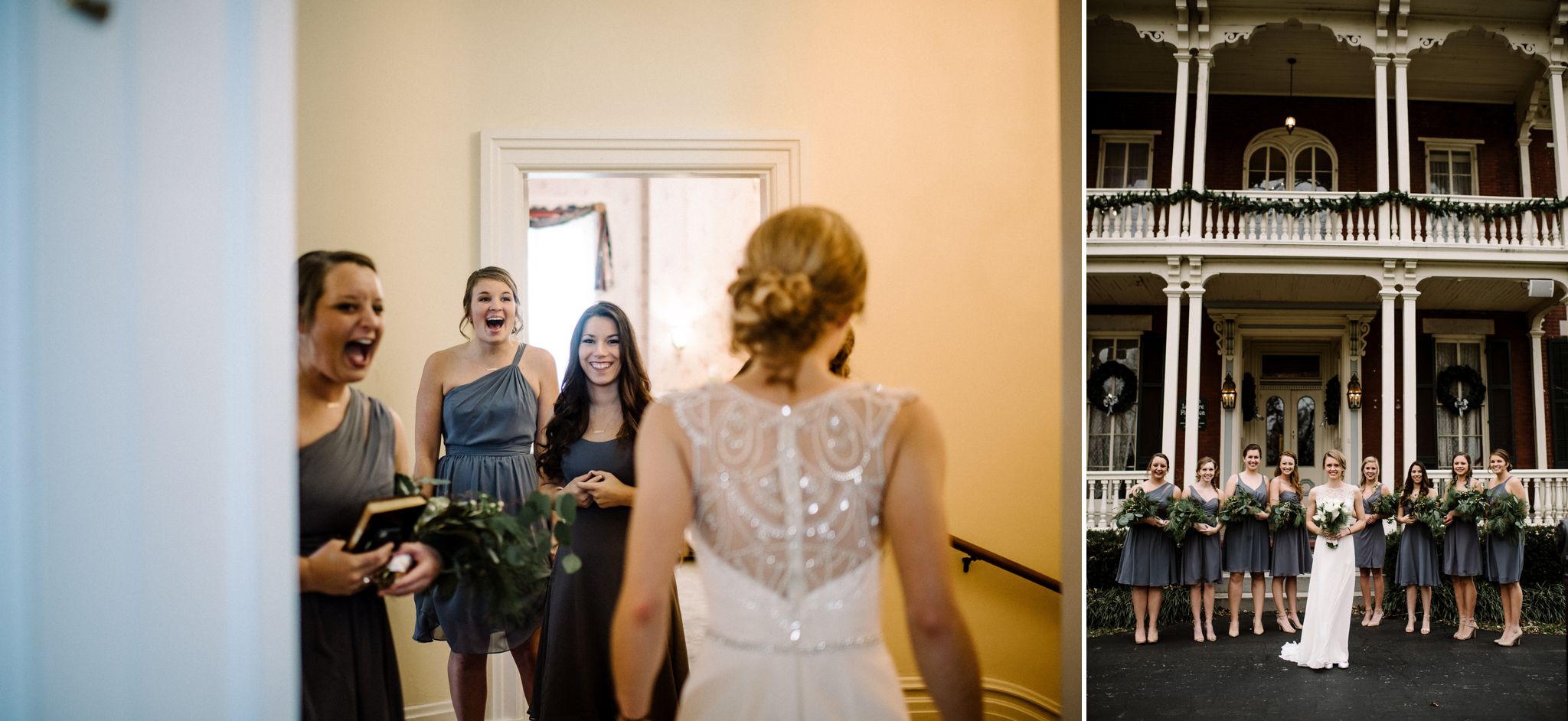 a bride and bridesmaids in grey dresses with bouquets of greenery stand in front of the Larimore House which is decorated for Christmas. 