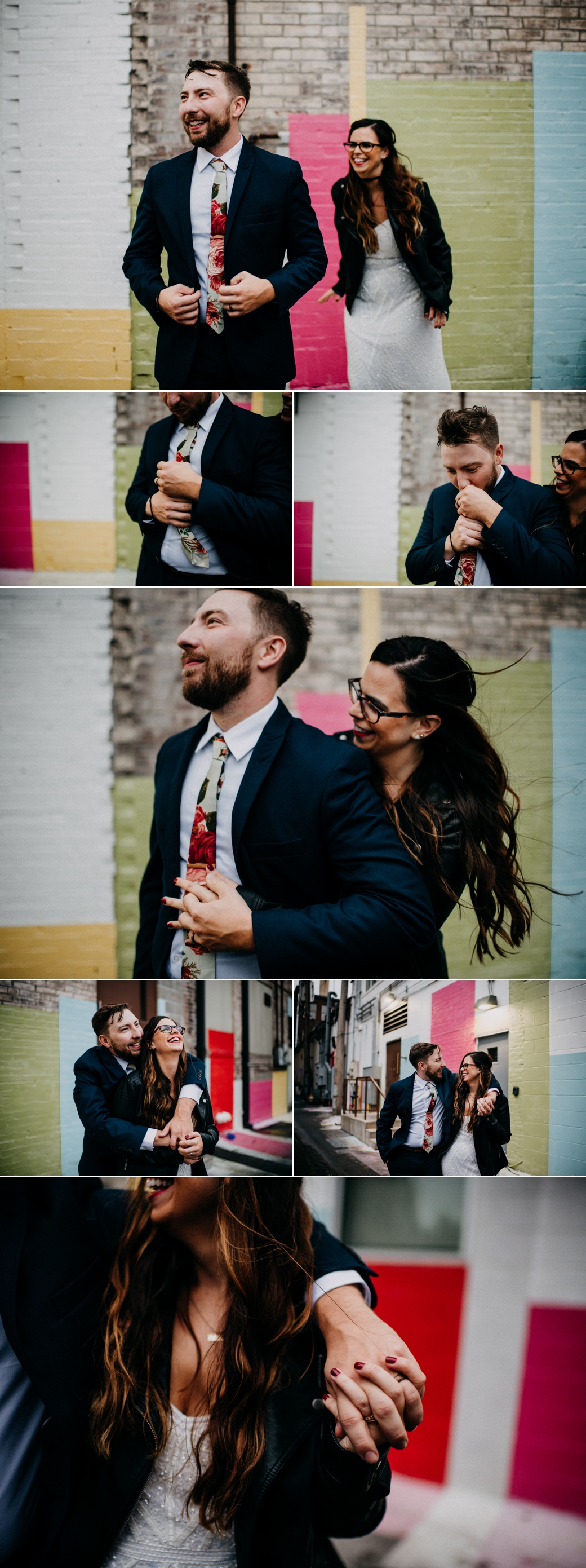 A collage of photos of a bride and groom splashing in puddles and making the best of their rainy day wedding photos in St. Louis.