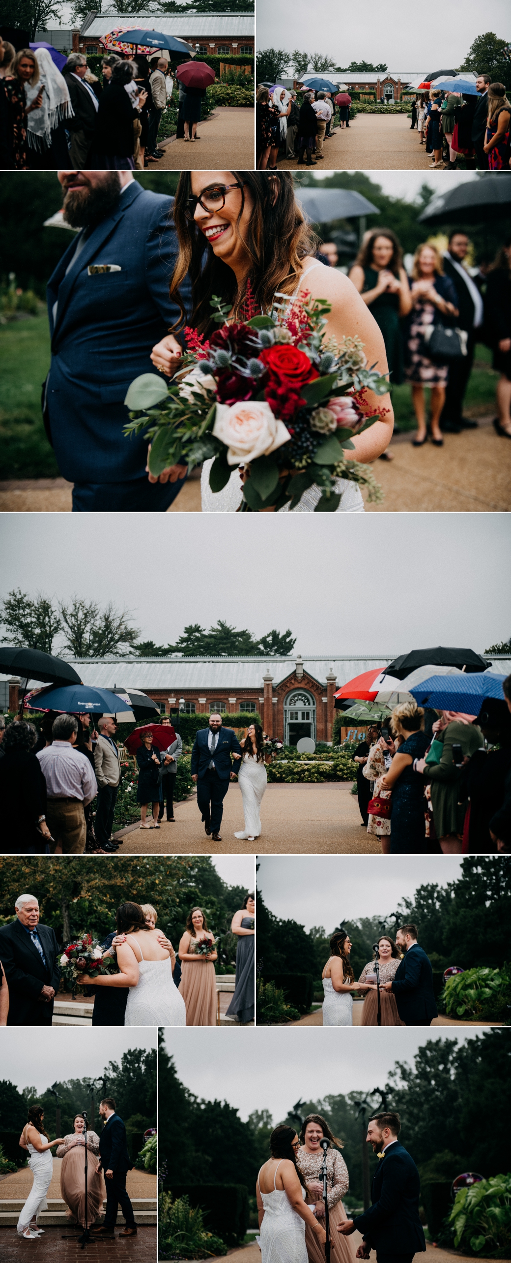 Collage of photos of guests holding umbrellas as they watch a Rainy Day Wedding ceremony in St Louis at the missouri botanical gardens