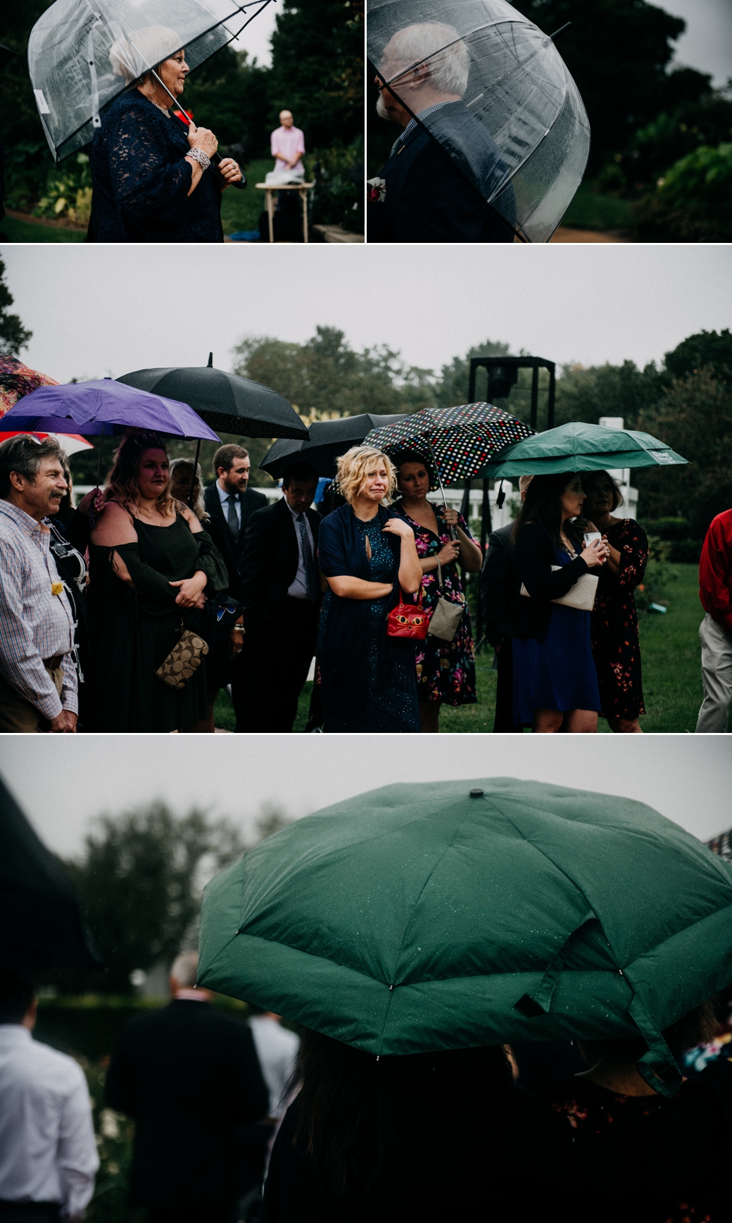 Guests stand under umbrellas at Missouri Botanical Gardens to watch a rainy day wedding ceremony