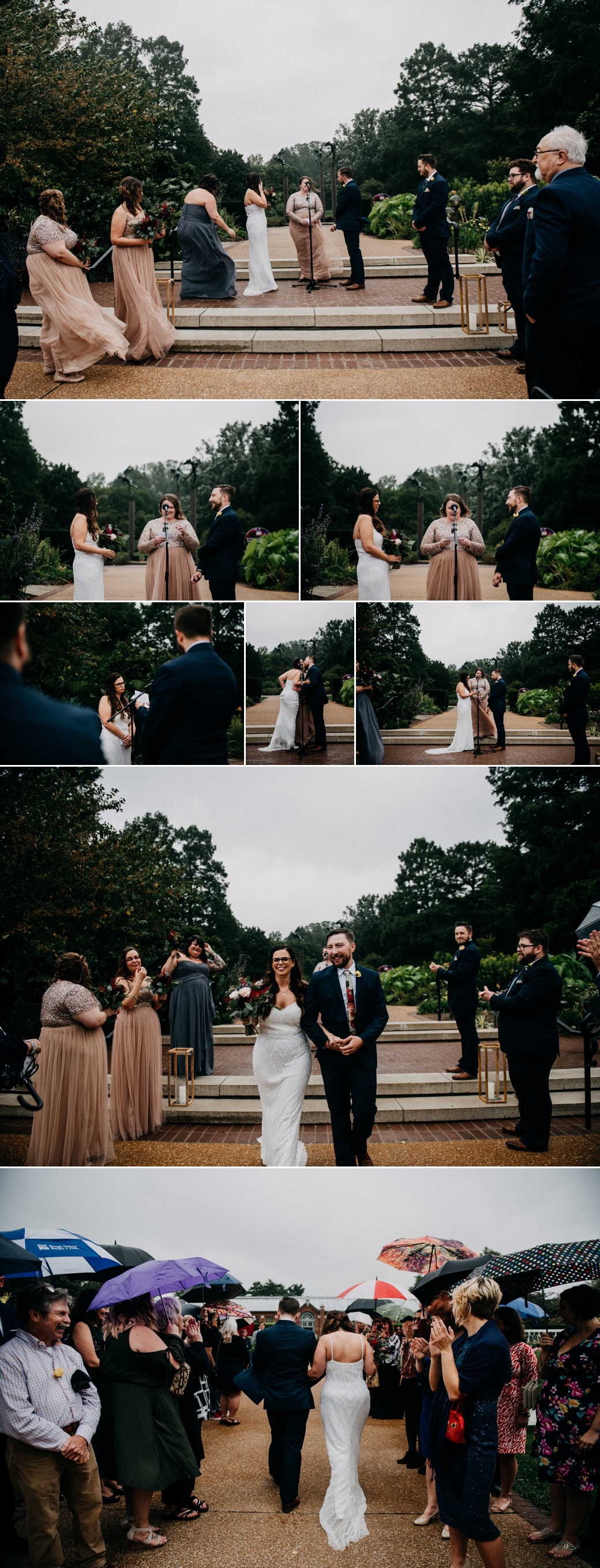 Collage of photos of guests holding umbrellas during a rainy day wedding ceremony at missouri botanical gardens in st Louis 