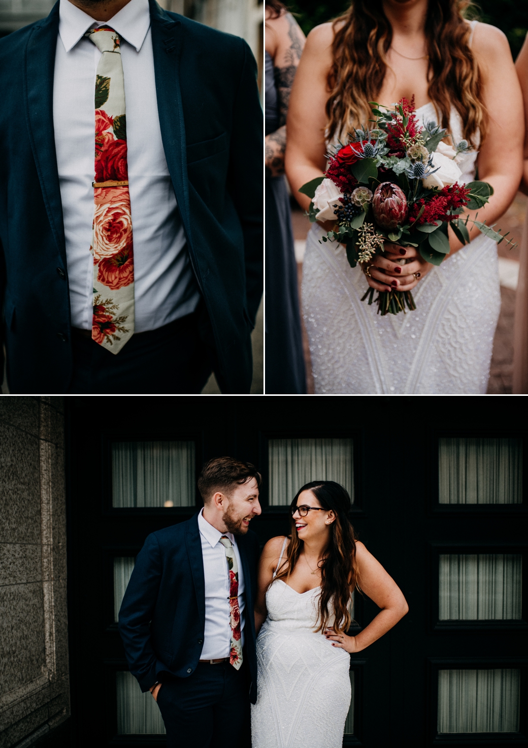 A bride holds a bouquet of colorful florals that mimic the colorful florals in the groom's tie.