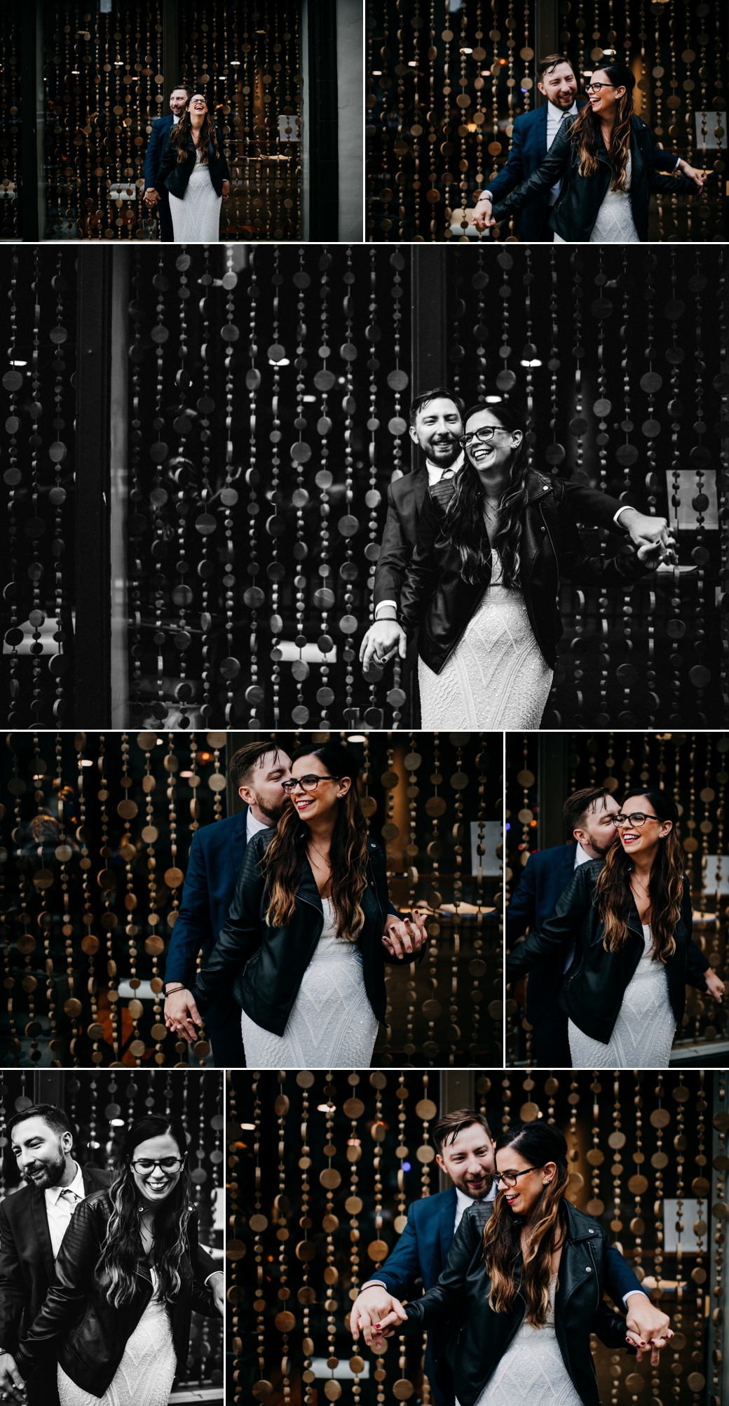 a collage of photos of a couple playfully swinging their arms around in the Grand Arts district in St. Louis
