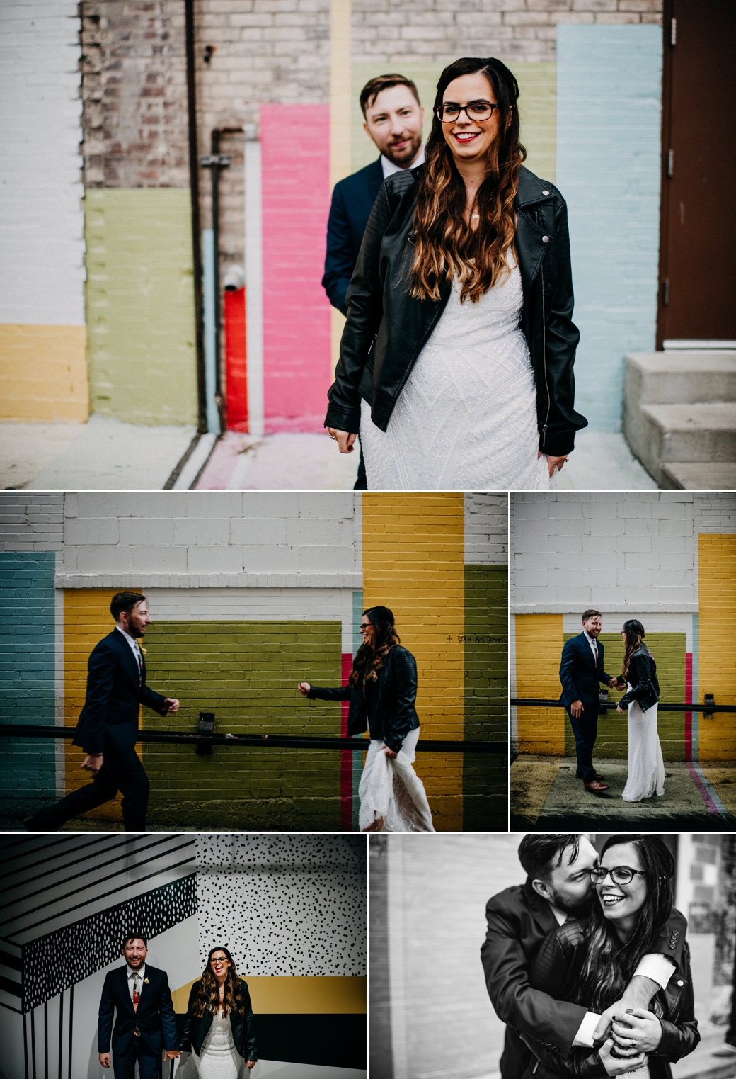 A bride and groom pose for photos in front of a colorful wall in an alley near the Fox theatre in St. Louis Grand Arts District