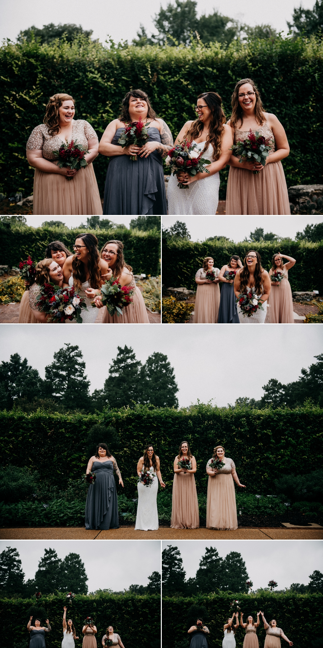 Collage of candid wedding party photos on a rainy wedding day in St. Louis