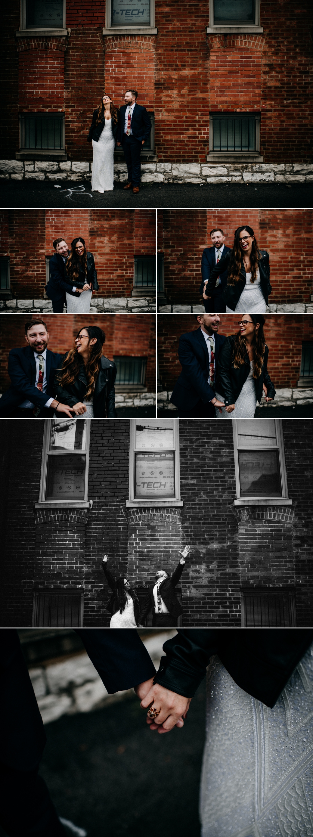 A collage of photos of a couple making the best of the rain during their Rainy Day Wedding Photos in St Louis