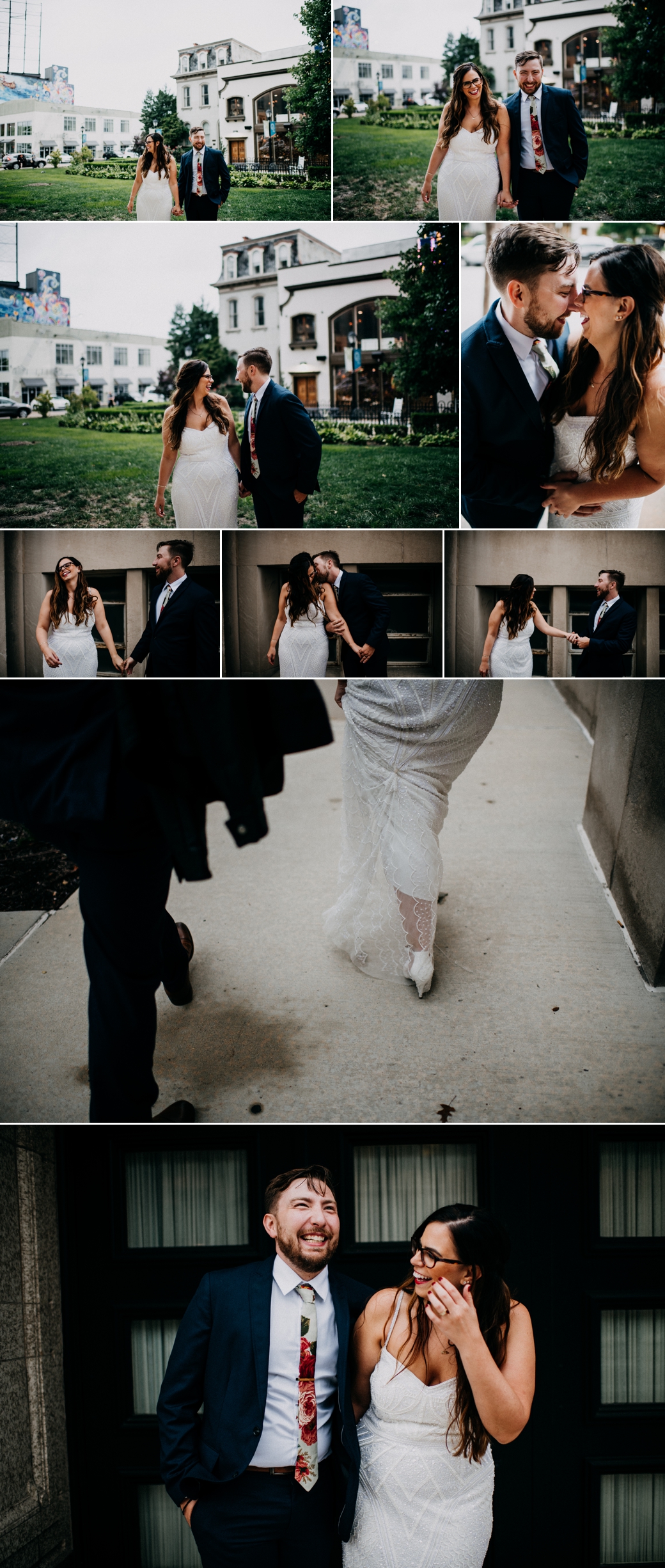 collage of candid, playful photos of a bride and groom walking through the grand arts district in St. Louis, MO during their rainy wedding day photo session