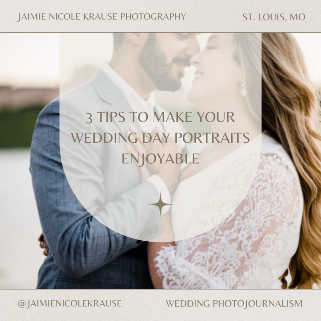 Infographic with bride and groom image with the text "3 tips to make your wedding day portraits enjoyable" 