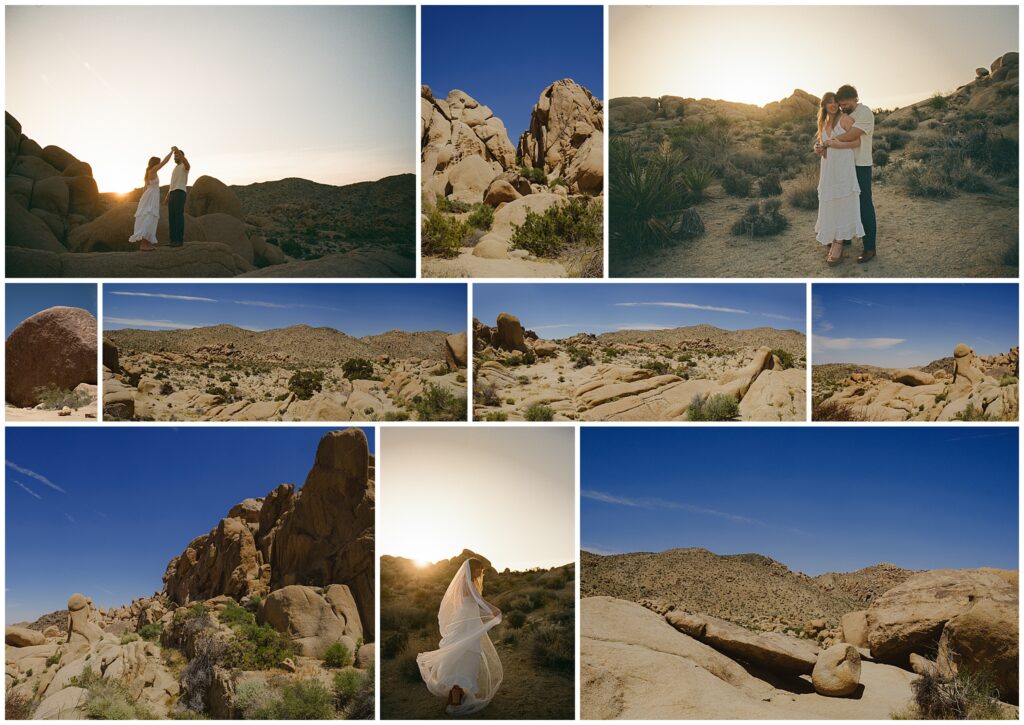 A collage of images of the different locations at Split Rock in Joshua Tree National Park where couples can have a wedding ceremony. 