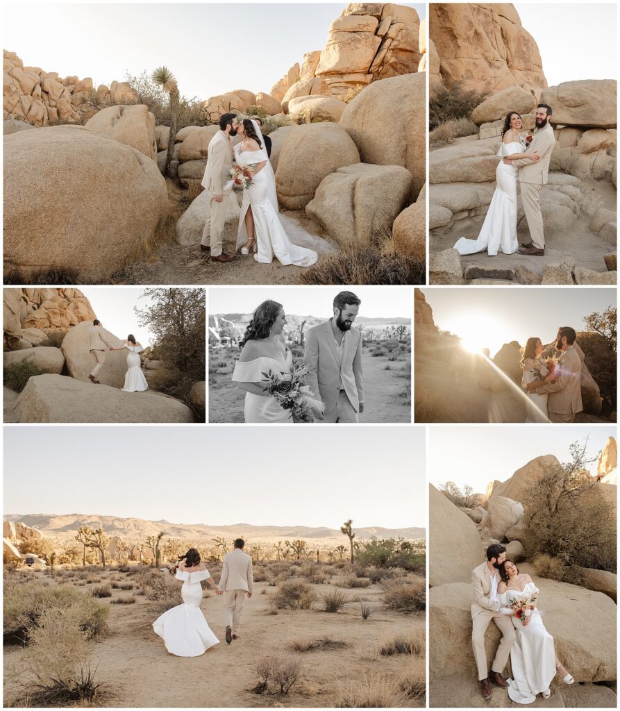 A couple in wedding attire poses and walks among large desert rocks and Joshua trees, embracing and holding a bouquet in various sunlit and scenic wedding locations—perfect inspiration if you're wondering where to get married in Joshua Tree.