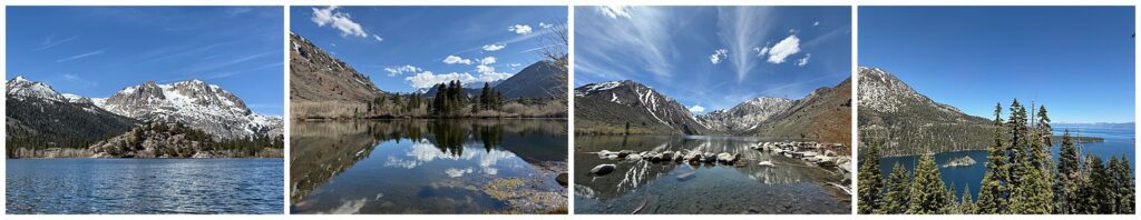 Four landscape photos featuring snow-capped mountains, evergreen trees, and clear blue lakes under a sunny sky—perfect inspiration for couples who dream to elope in California.
