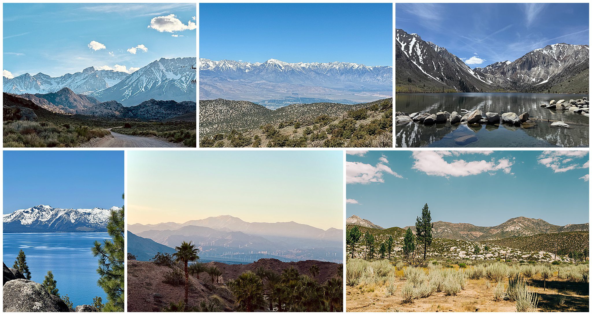 A collage of landscapes featuring mountains with snow, a lake with rocks, a blue body of water, a valley at sunset, and dry brush with scattered trees—perfect inspiration for couples looking to elope in California.